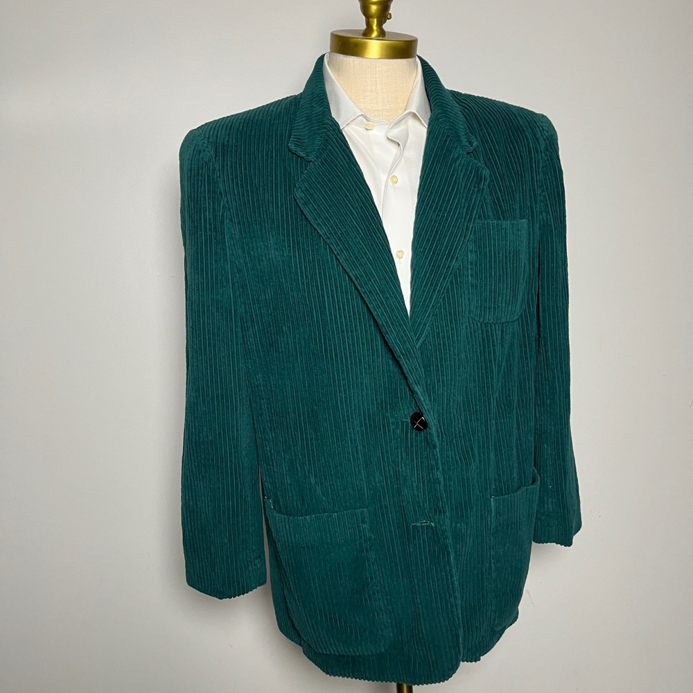 Charter Club Blazer Women 16 Green Solid Corduroy Cotton Academic Vintage Jacket